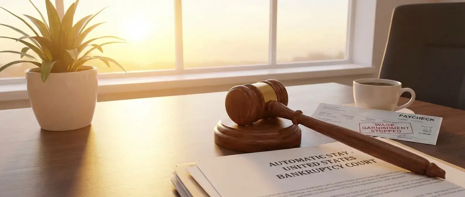 Automatic stay paperwork and gavel symbolizing how bankruptcy can stop wage garnishment in Kentucky