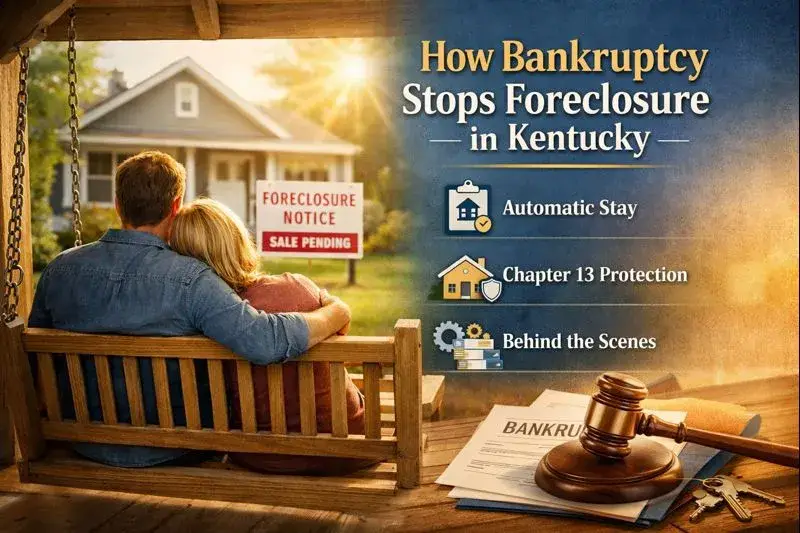 How Bankruptcy Stops Foreclosure in Kentucky – couple on porch swing with foreclosure sign and gavel, showing legal protection and hope