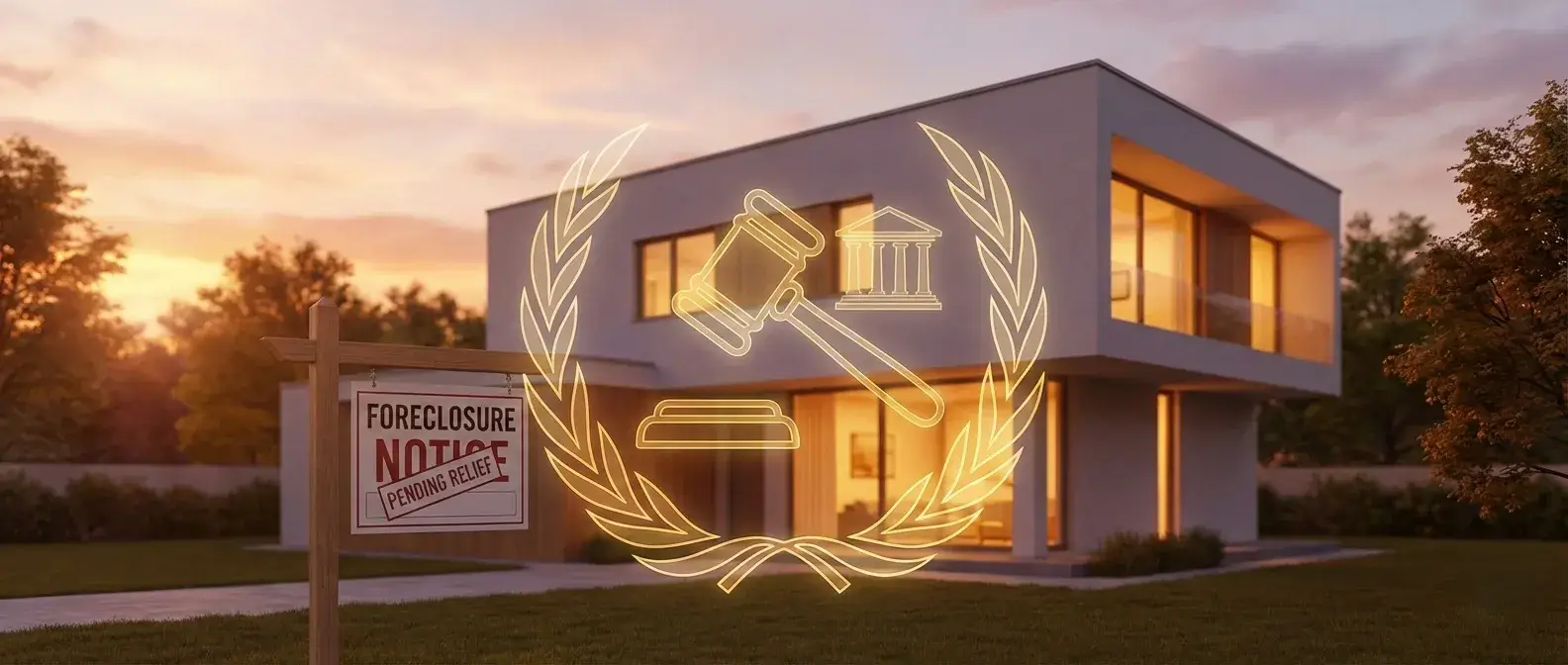 How Bankruptcy Stops Foreclosure in Kentucky – house with foreclosure sign and gavel showing legal protection