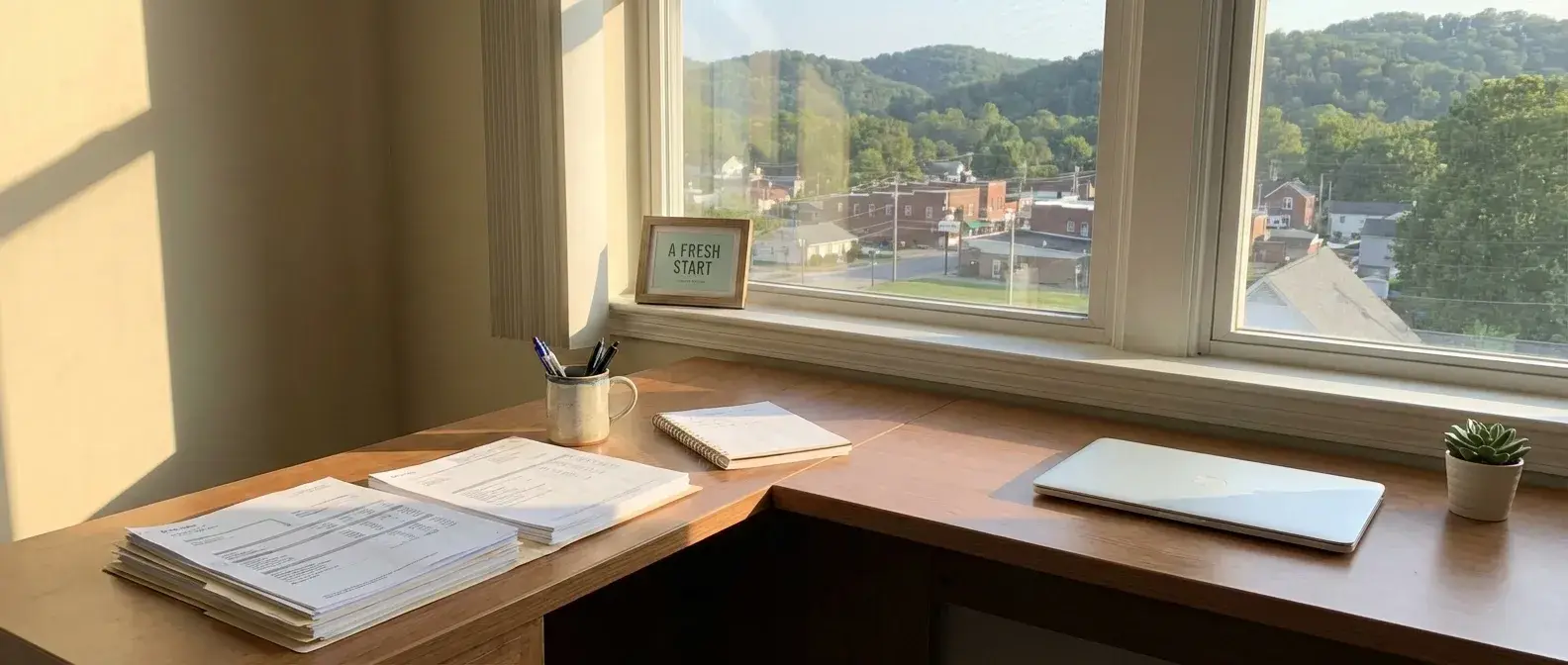 Life After Bankruptcy in Kentucky concept showing organized desk, sunlight, and peaceful neighborhood view representing financial rebuilding