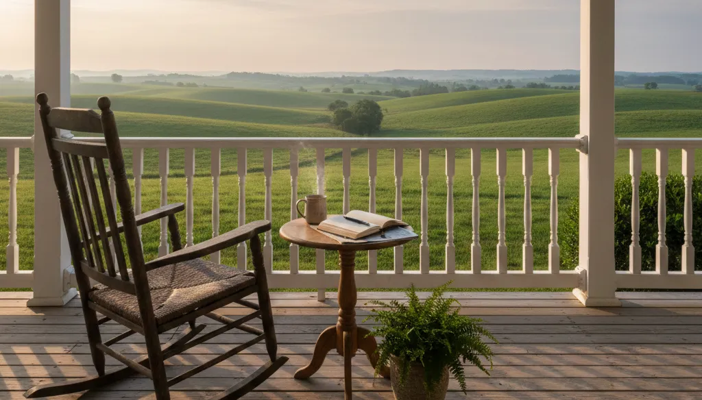 Life After Bankruptcy in Kentucky symbolized by peaceful front porch with rocking chair and sunrise over rolling hills