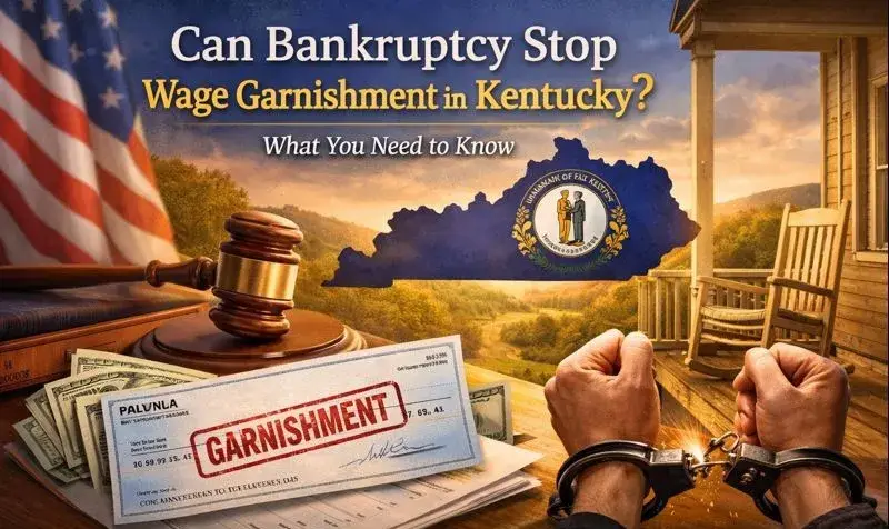 Can Bankruptcy Stop Wage Garnishment in Kentucky concept image showing gavel, paycheck garnishment notice, and hopeful financial fresh start scene