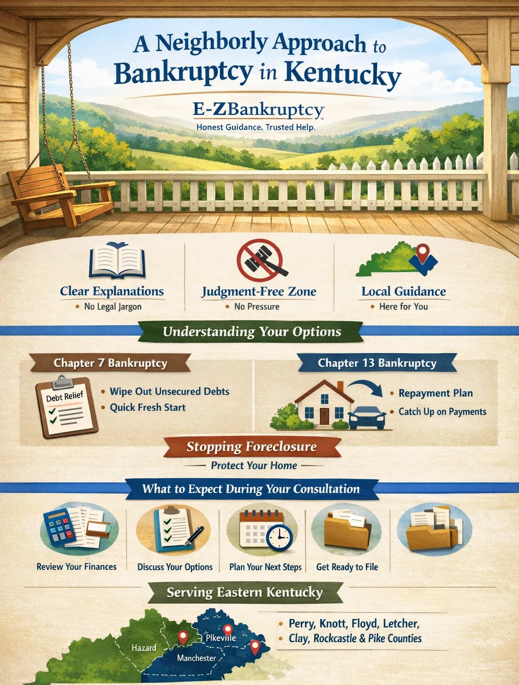 Trusted Kentucky bankruptcy attorney infographic explaining Chapter 7 and Chapter 13 debt relief options, foreclosure protection, and local guidance in Eastern Kentucky